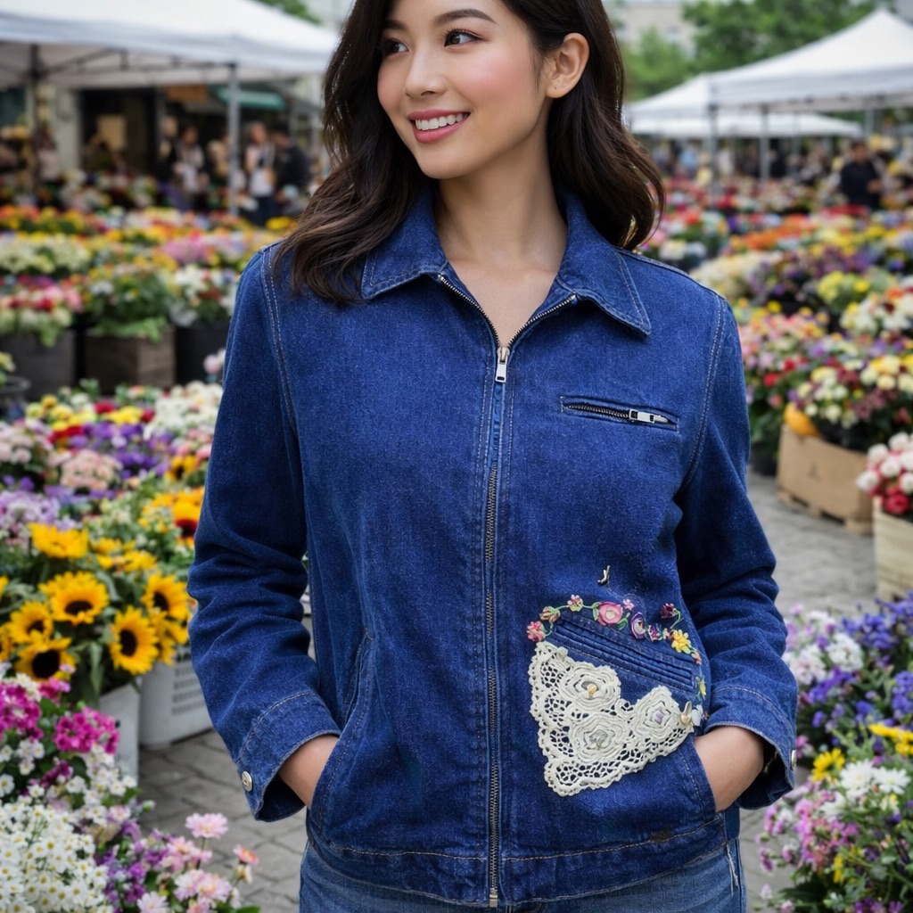 Zippered Denim Jacket With Hand Stitched Silk Ribbon Embroidery